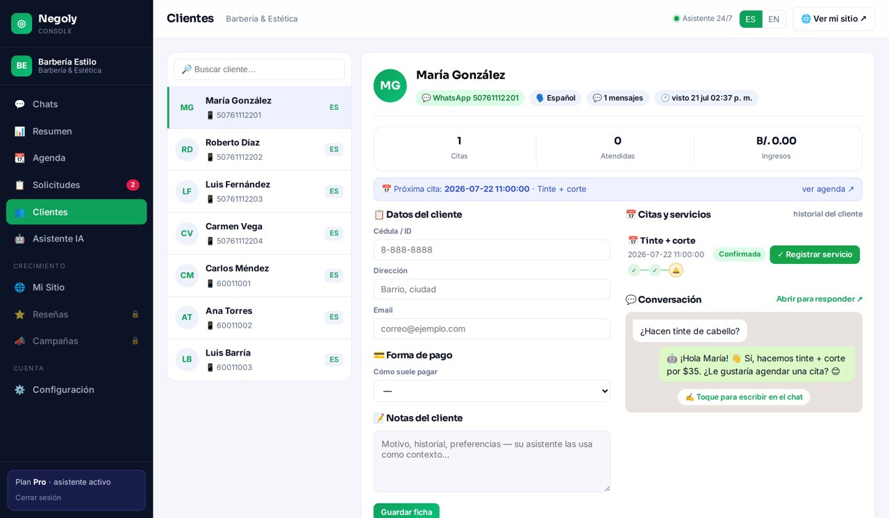Lista de clientes en el panel