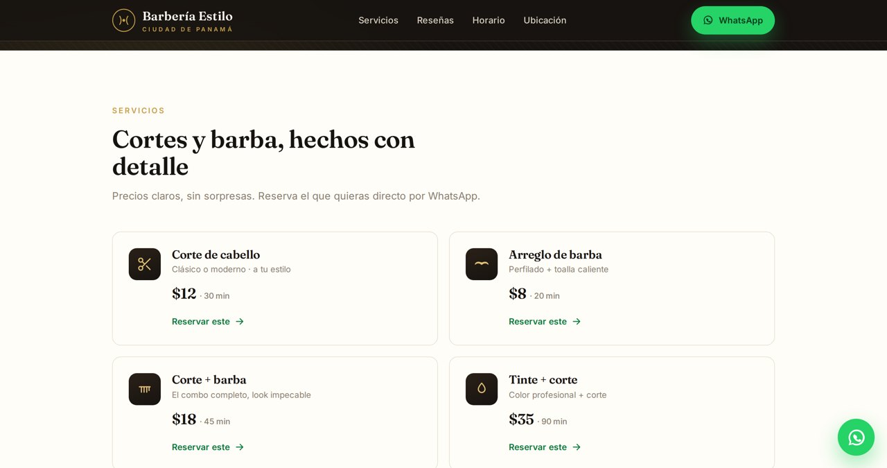 Servicios y precios en el sitio
