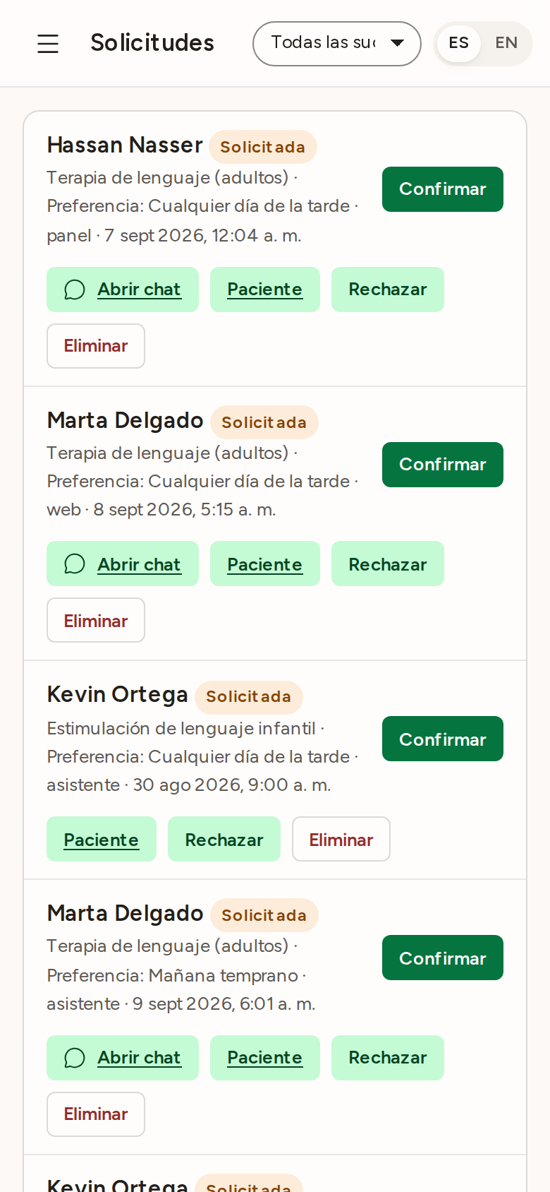 Solicitudes por confirmar